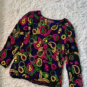 Sweet Sinammon Bright Neon Floral Embroidered Sheer Festival Whimsygoth Blouse
